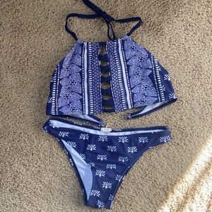 Tank style lace up bikini - blue and white
